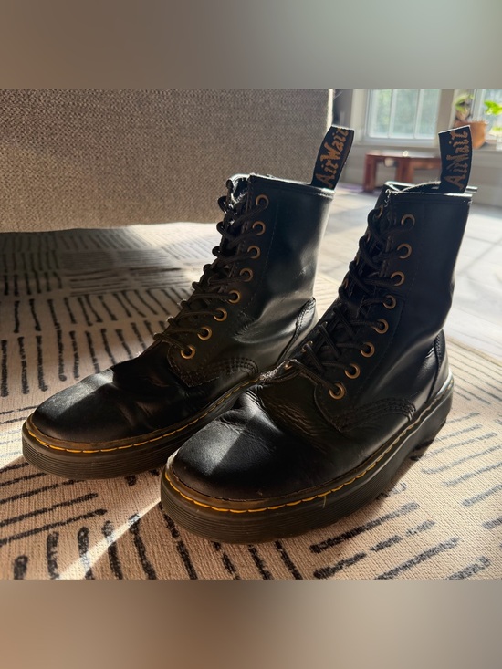 Dr. Martens Shoes - Dr. Martens Black Leather Zavlava Boots with Yellow Stitching